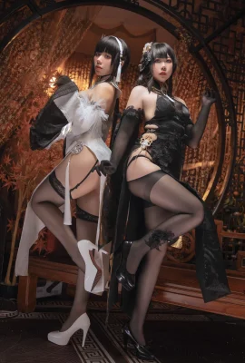 Cosplay Jiuyan & Xicha Litsea Cube Azur Lane Zhenhai Cosplay Putih dan Hitam