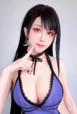 Blogger animasi Shui Miao aqua Tifa gaun bertema gaun tali ikat renda berpotongan rendah ungu seksi yang memamerkan pantat dan kakinya yang indah, foto menawan dan menggoda 28P