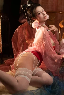 Mengmei Naixi Saus Nice Gaya Kuno Rubah, Tema Pakaian Tulle Merah Muda Seksi Dengan Kaus Kaki Gantung Sutra Putih Tampilkan Gambar Lengkap, Foto Godaan 108p